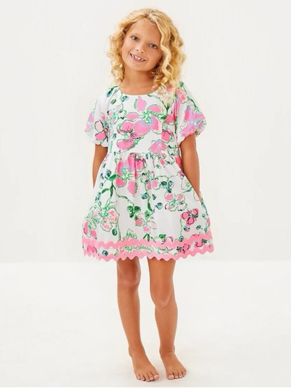 Lilly Pulitzer White Dress with Pink & Green Floral Pattern EUC